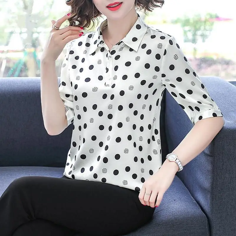 2023 Casual Turn-down Collar Moda Impresso Camisa de Verão Solto Manga Curta Roupas Femininas All-match Commute Emendado Blusa