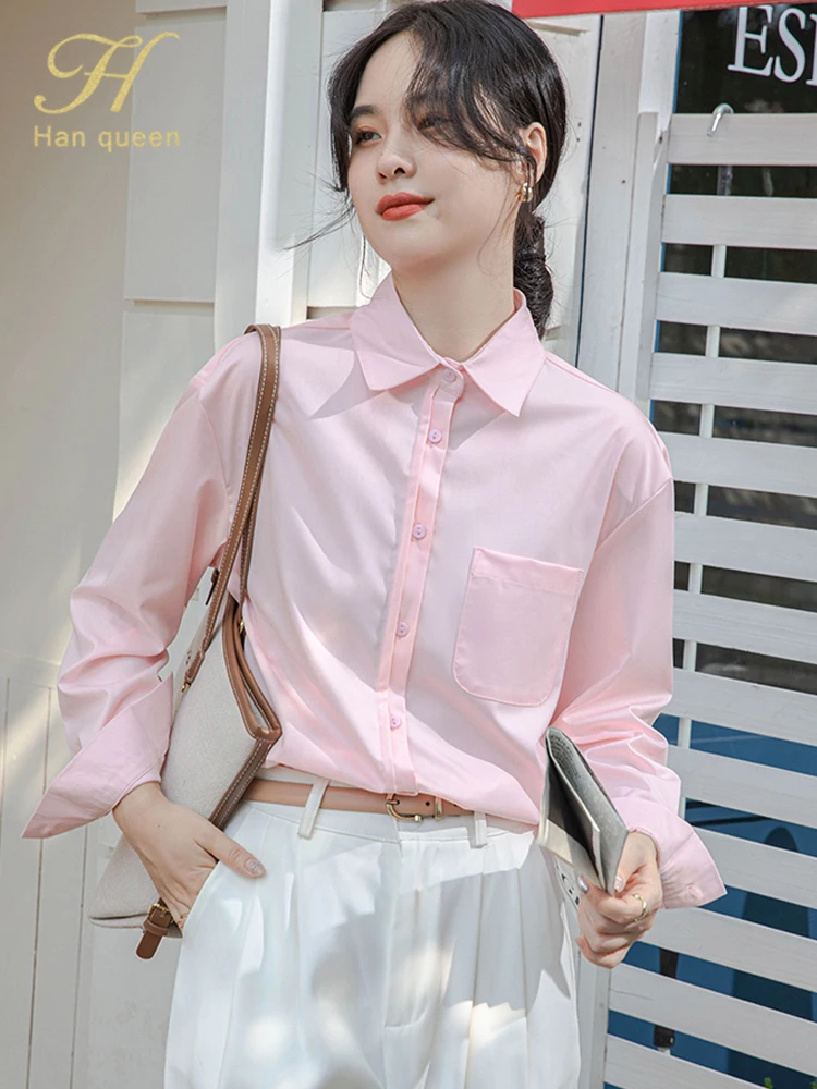 

H Han Queen Korean Woman Clothing Office Simple Basics Shirts Autumn Vintage Tops Chiffon Long Sleeve Casual Office Lady Blouses