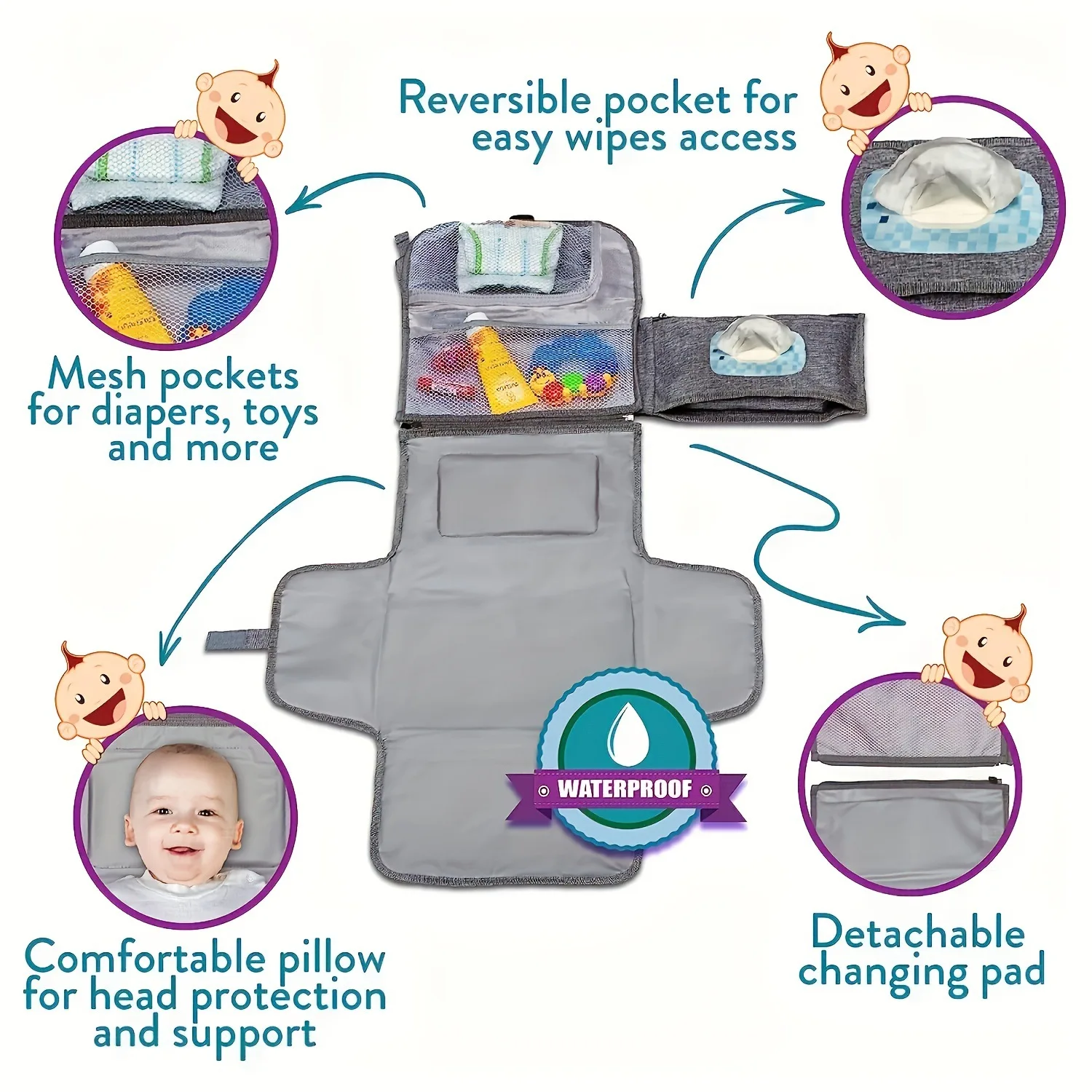 Waterproof Travel Changing Kit Baby Gift Portable Changing Pad for Newborn Girl & Boy Baby Changing Pad with Wipes Pocket