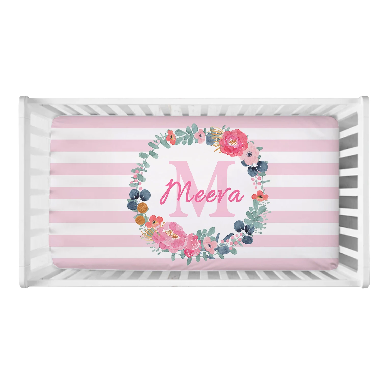 LVYZIHO Spring Flowers Pink Stripe Custom Name Crib Sheet Set, Baby Shower Gift Crib Bedding Set