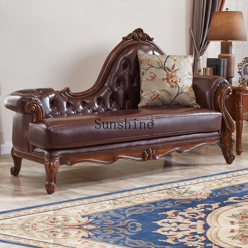 

American leather chaise longue living room bedroom sofa recliner European solid wood beauty couch