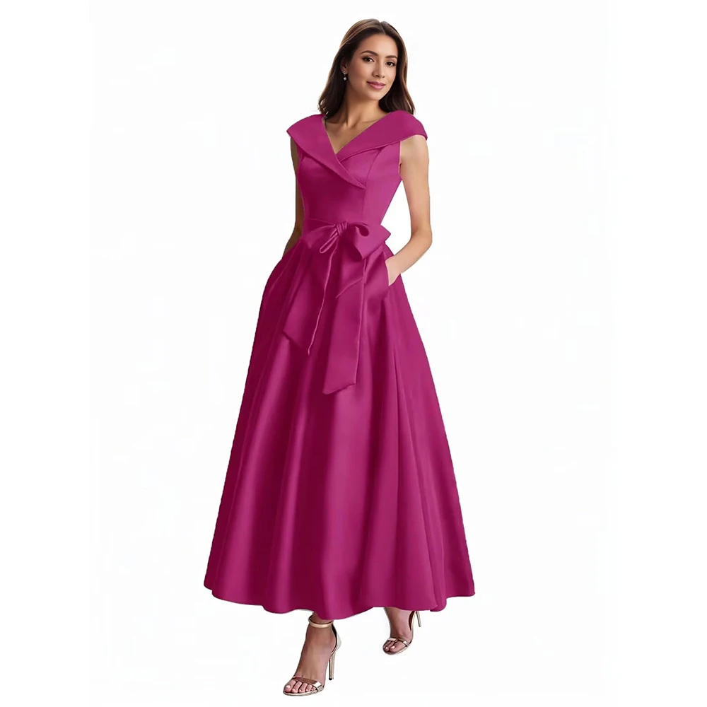 

Customized Tea Length Mother of The Bride Dresses for Women Satin Cap Sleeve V Neck Formal Evening Dresses with Bow 2025