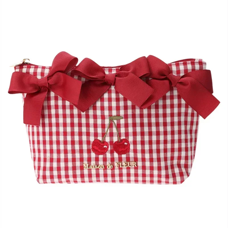 Japanese Style Small Cherry Embroidery Portable Plaid Luch Bag Students Handheld Bowknot Makeup Bag Casual Shoulder Bags