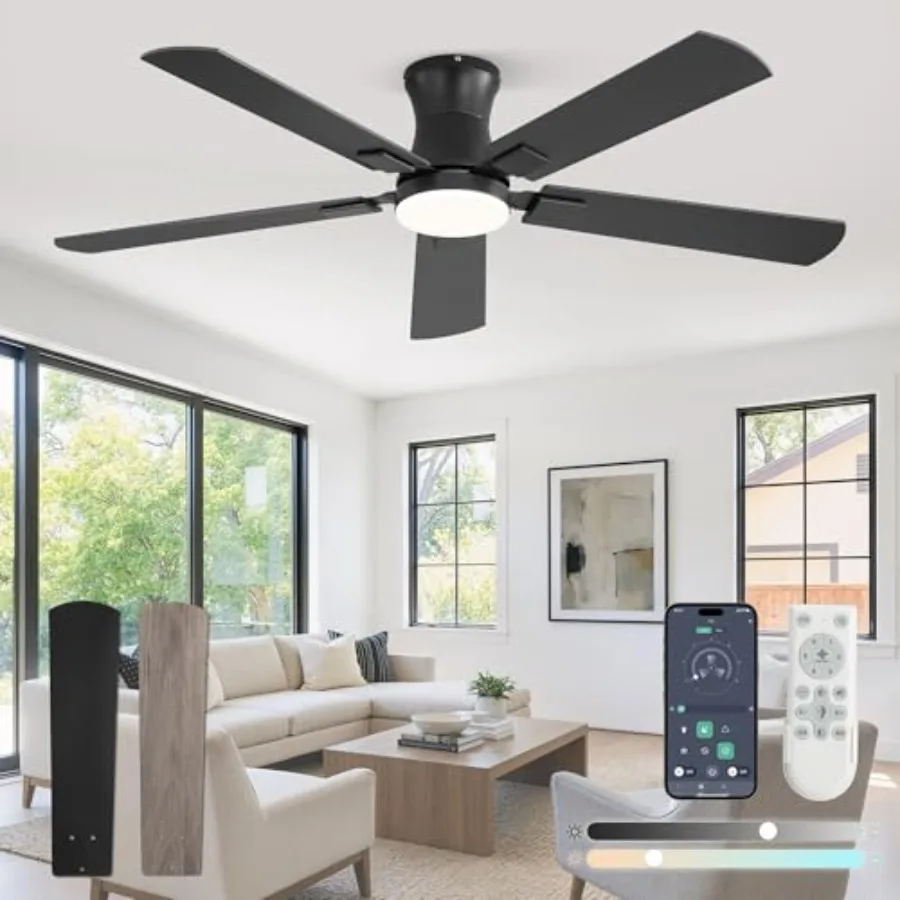 52 inch indoor ceiling fan with light for bedroom and living room, black low profile flush mount design, dimmable LED light, ap