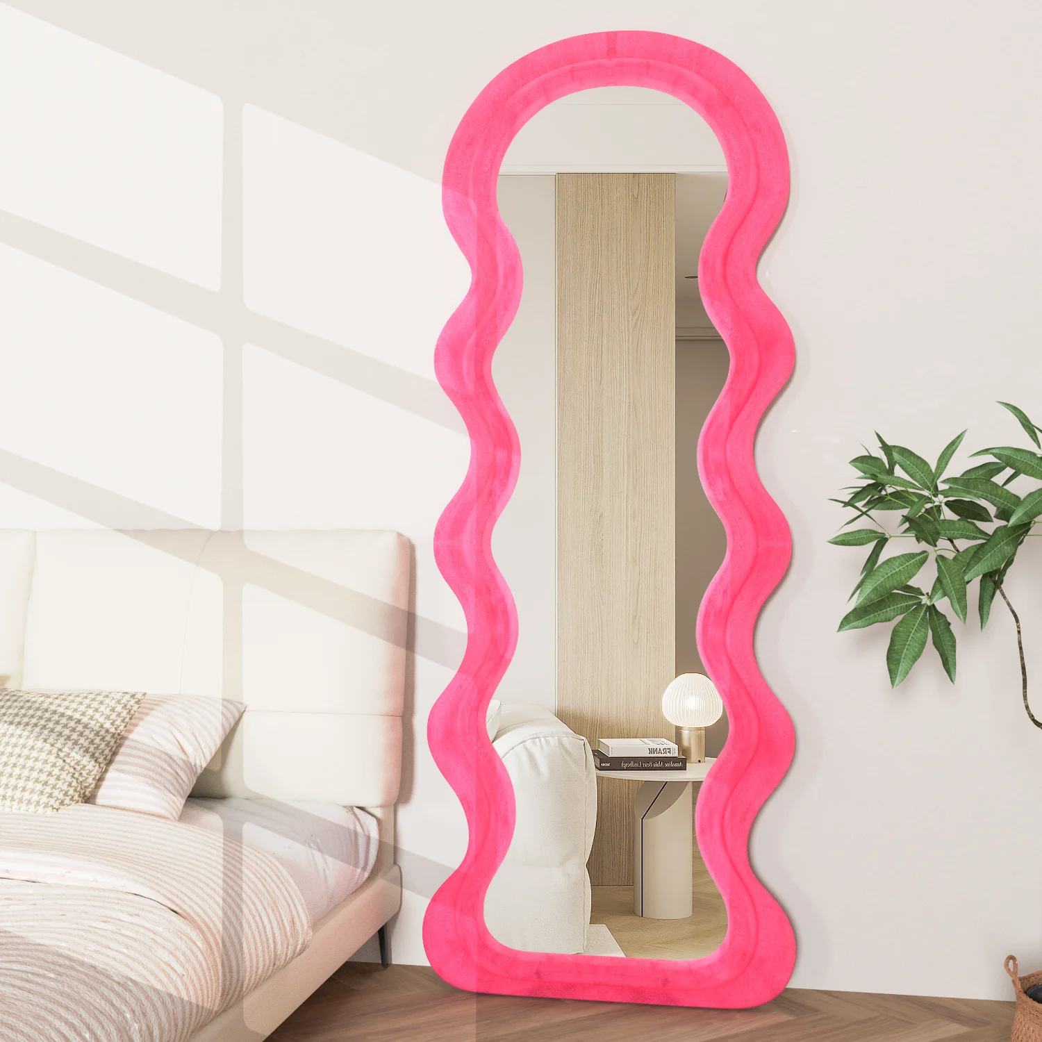 Full Length Mirror, 160*60cm Floor Mirror, Irregular Wavy Mirror, Full Length Wall Mirror, Standing Flannel Wrapped Wooden