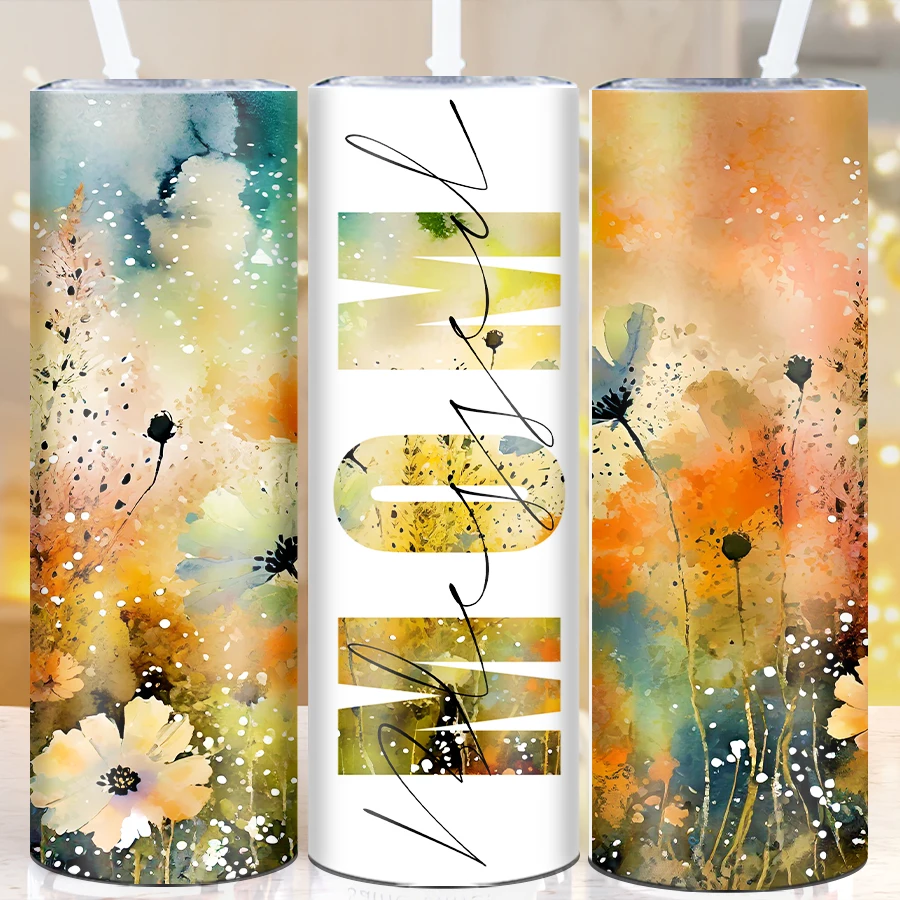 20oz 1Pc Blessed Mom Floral Tumblers Straw Lid Stainless Steel Straight 3D Print Flowers Winter Water Bottle Party Festive Gifts