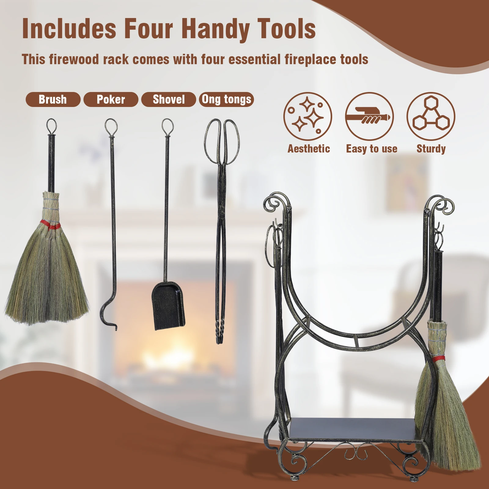 مجموعات منظم رف الحطب المتنقلة مع 4 أدوات مدفأة حامل سجل نحاسي أسود حامل مكدس قابل للتعديل لا حاجة للتثبيت