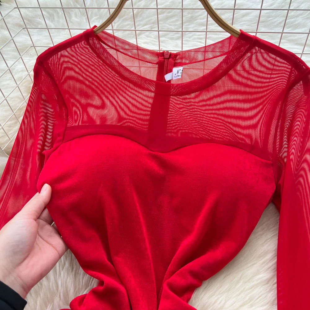 ชุดเดรสทรงเมอร์เมดแขนยาวคอโอวินเทจเก๋ไก๋สไตล์เกาหลีสำหรับผู้หญิง แฟชั่นฤดูใบไม้ร่วง เหมาะสำหรับงานพิธี