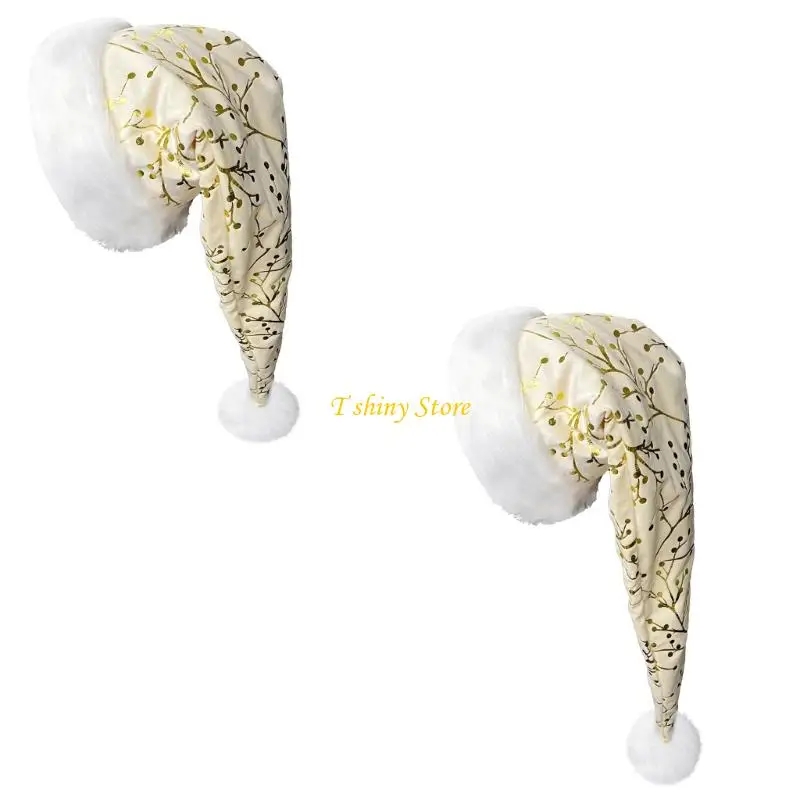N58F Furry Santa Cap With Gold Stitched Pattern Furry Trim Cosplay Santa Costume Hat