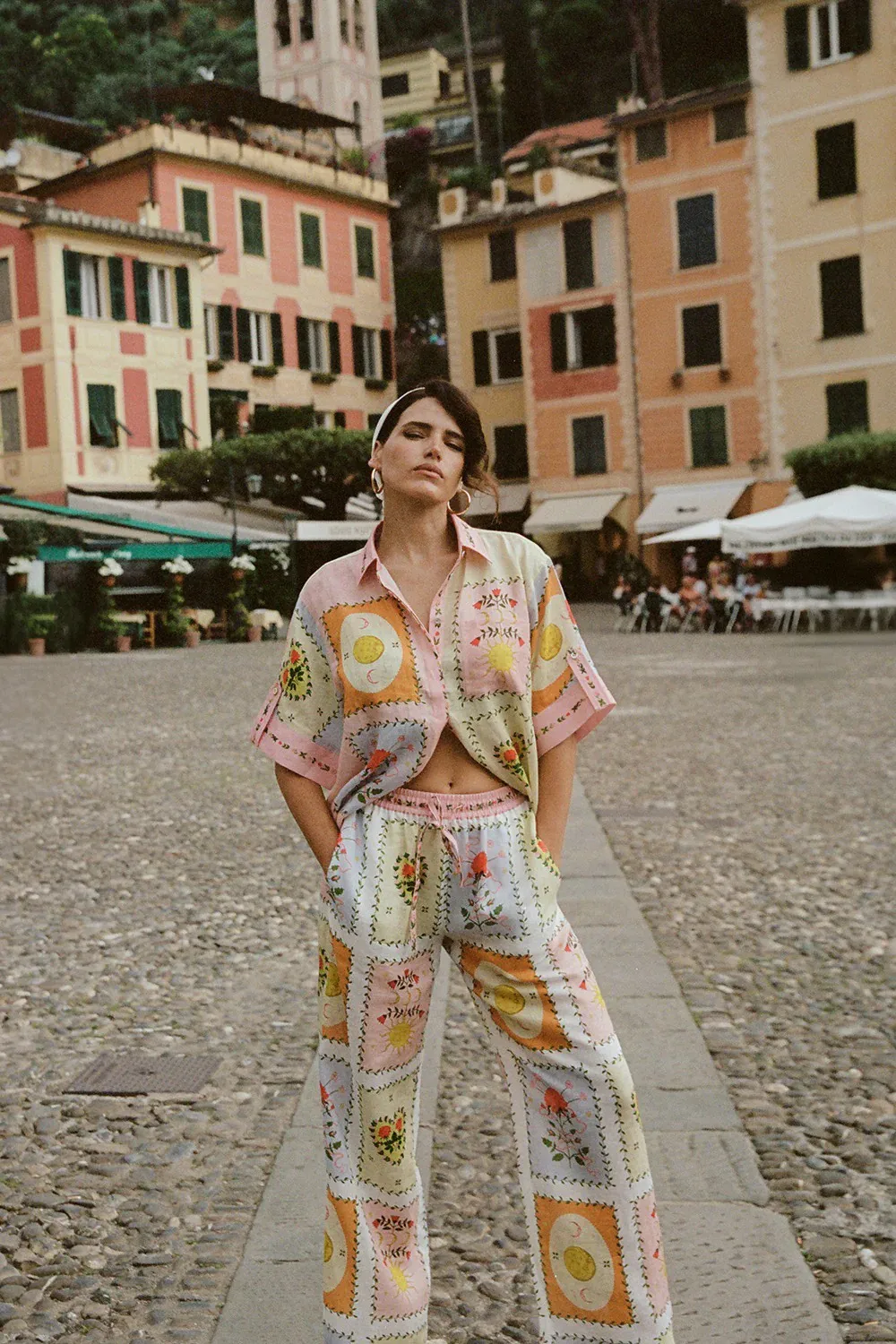 

Geometric Flower Print Women Casual Set Turn-down Collar Short Sleeve Single Breasted Linen Shirt + Elastic Waist Wide Leg Pants