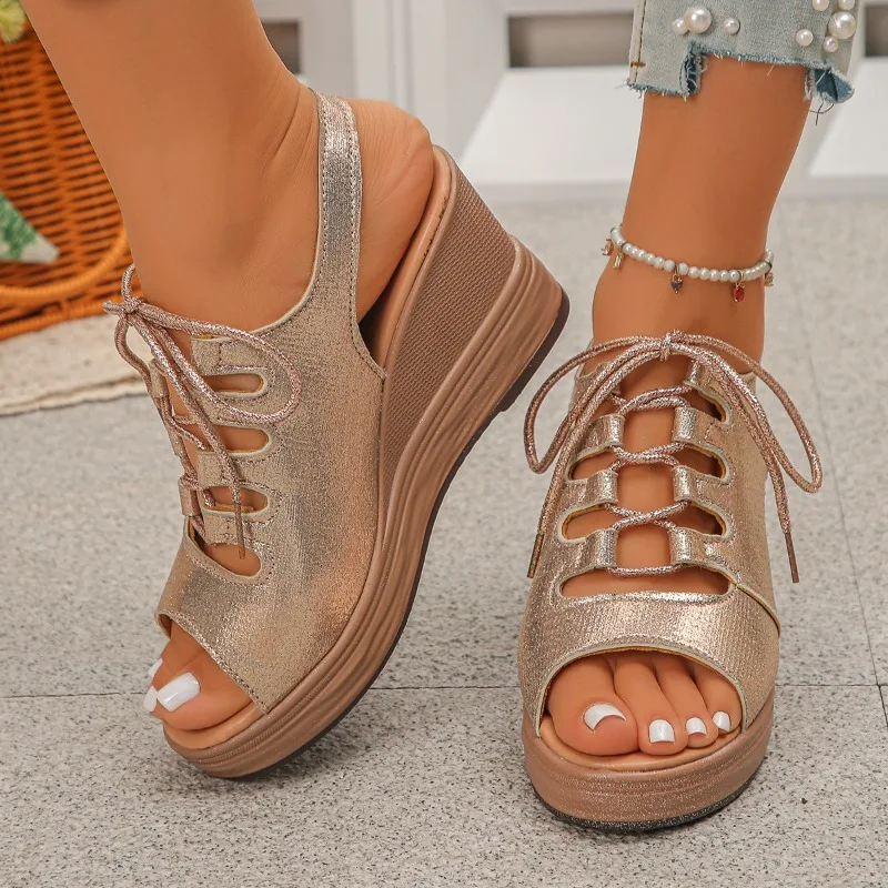 Women Platform Wedge Sandals Summer New Fashion Open Toe Thick Sole Beach Shoes Women's Trendy Ankle Strap High Heel Sandals