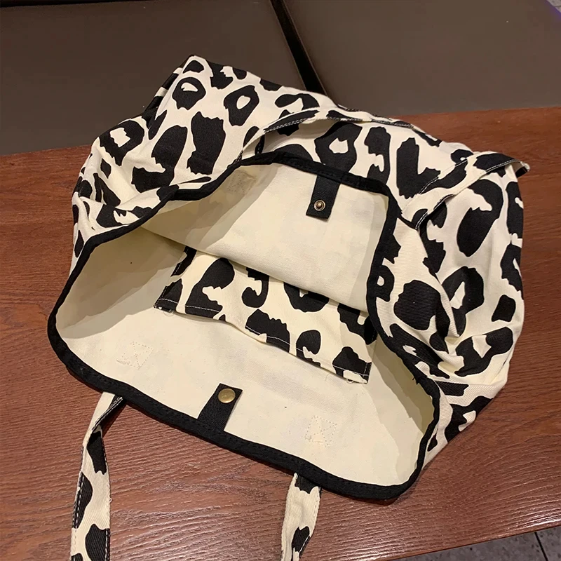 JIOMAY Fashion Simple Canvas Tote Bag Pink Leopard Print Bag Large Capacity Travel Makeup Bag Versatile Shopping Shoulder Bag