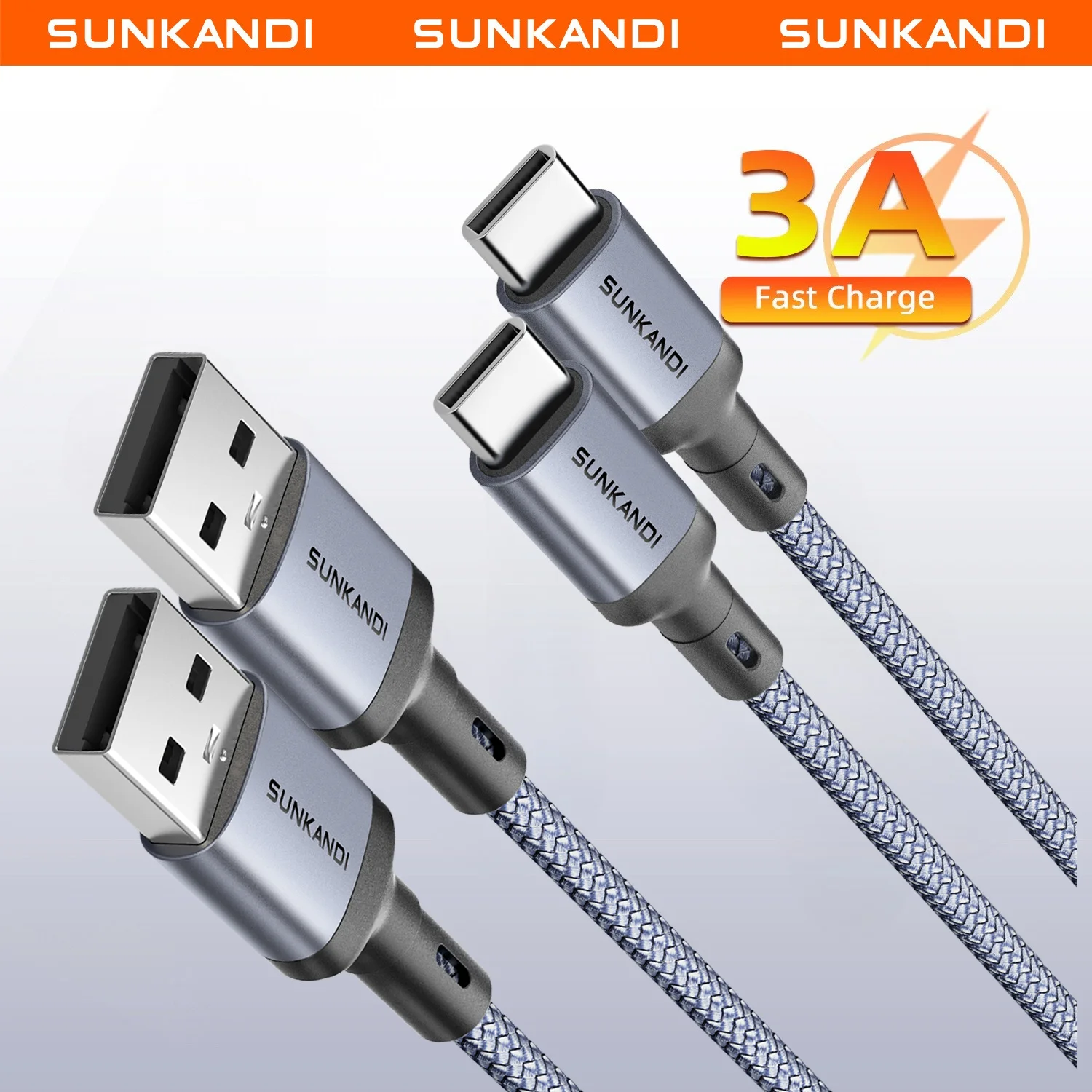 SUNKANDI USB C Cable 2Pack, USB A to USB C 3A Fast Charging, Braided Charge Cord for iPhone 15 16 17, Samsung Galaxy S10 S9 S8