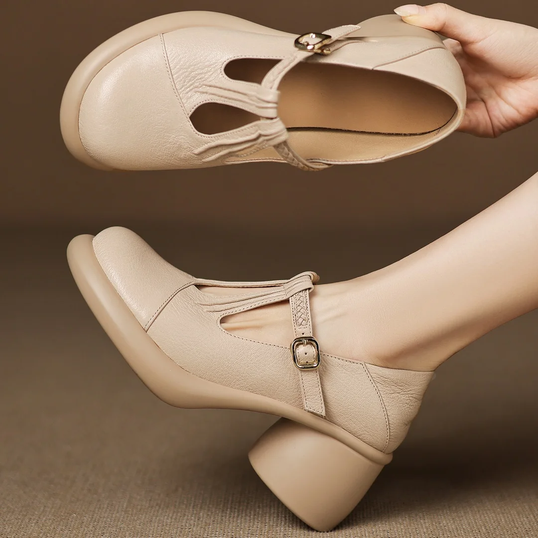 

Женские туфли-лодочки без шнуровки из натуральной кожи с узким ремешком и Т-образным ремешком, повседневные женские туфли на платформе с круглым массивном каблуке 6 см, 41