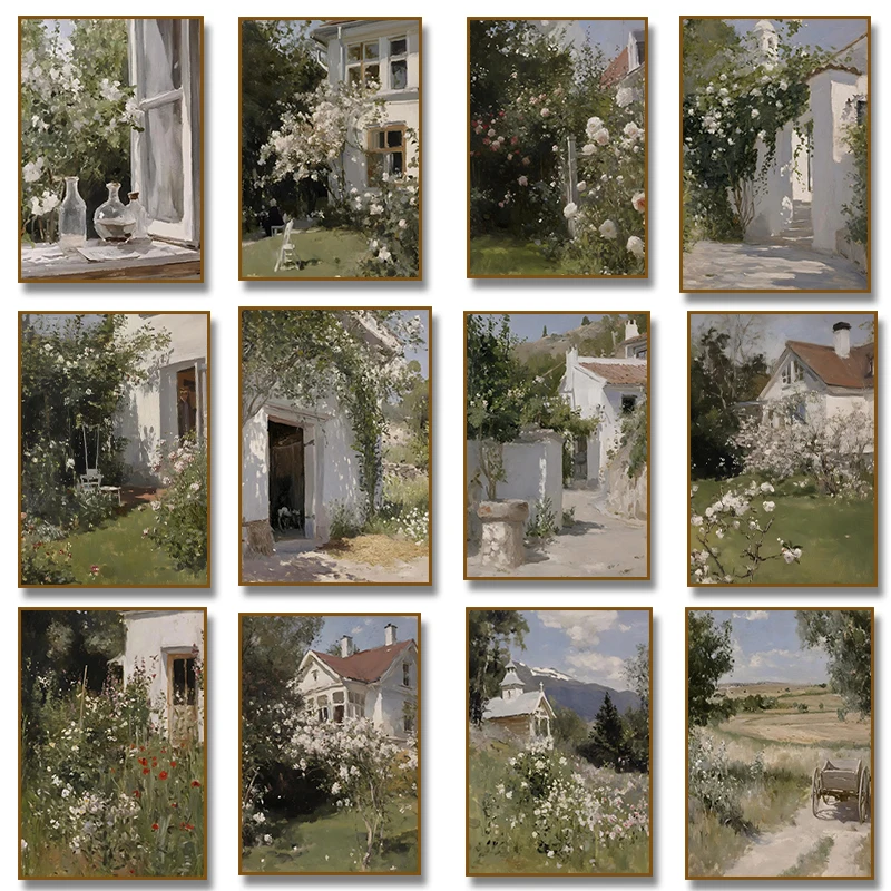 （2D canvas painting）Rustic Farmhouse Doorway Summer Rose Garden Scene Interior Canvas Painting Poster Print Vintage Wall Art