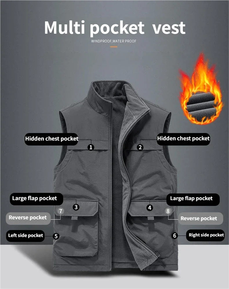 

Осенне-зимняя повседневная рабочая одежда, двусторонний жилет, мужской жилет, повседневный жилет с несколькими карманами для фотографии и рыбалки