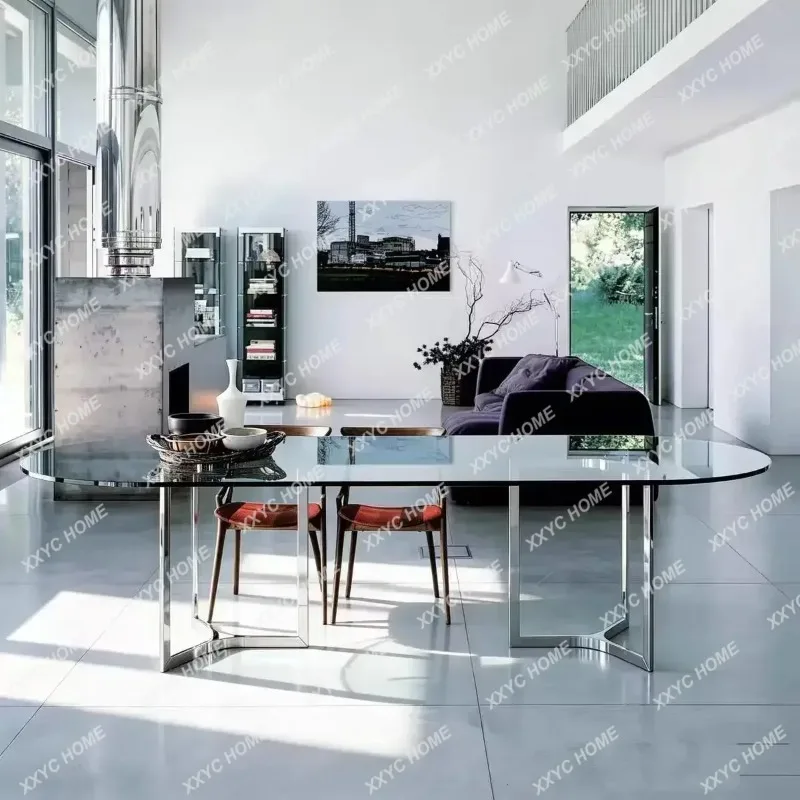 XX minimalist dining table ultra-white tempered glass stainless steel special-shaped creative oval worktable
