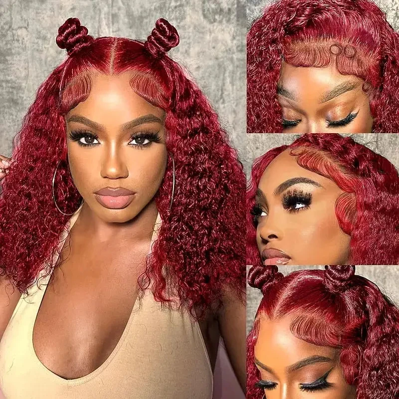 Perruque Lace Front Wig Naturelle Bouclée Bordeaux 99J, Cheveux Humains, 13x4, Pre-Plucked, Densité 200%, pour Femme