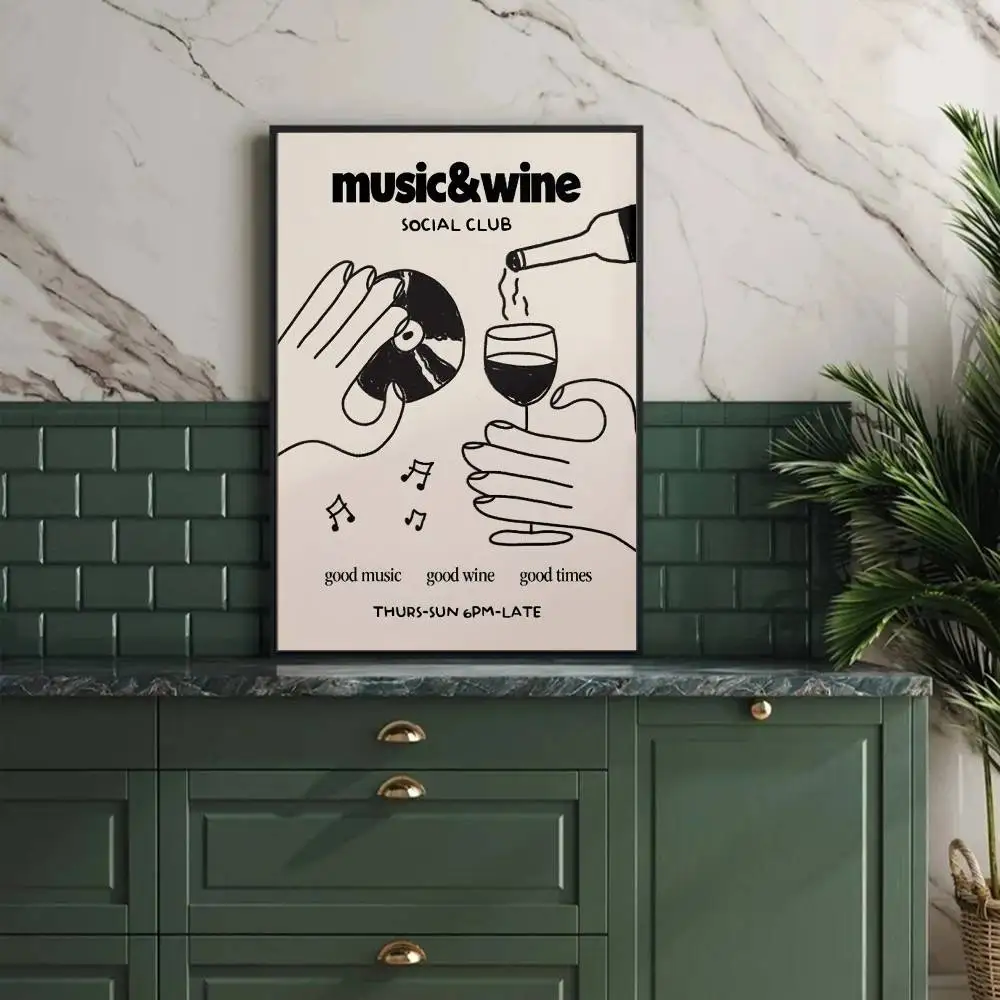 Minimal Line Drawing Wine Vinyl Poster Retro Typography Music Themed Wall Print Bar Kitchen Living Room Home Decor Unframed Art