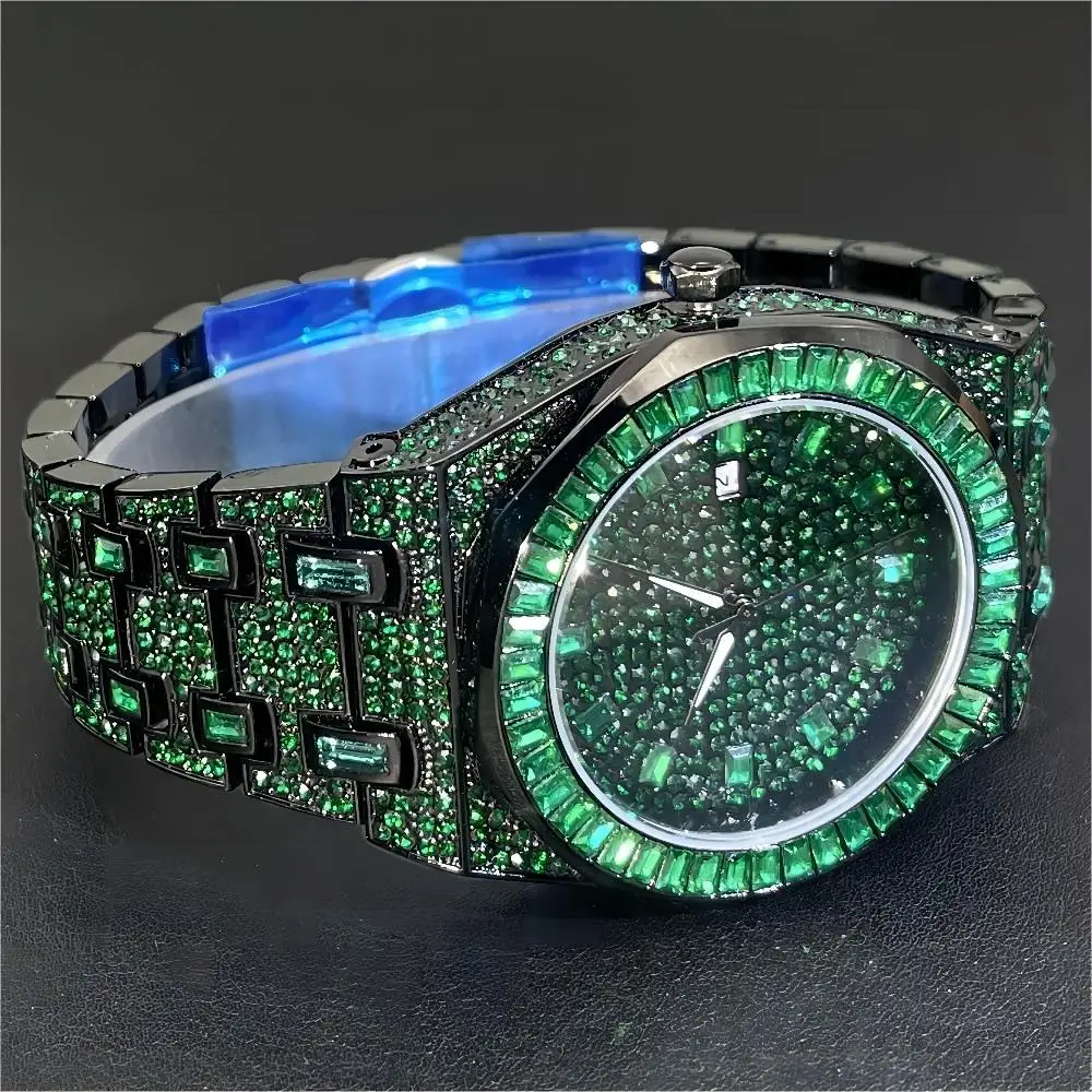 2024 New MISSFOX Hip Hop Green Iced Watches Mens Luxury Stainless Steel AAA Clocks Man Fashion Square Diamond Jewelry Wristwatch