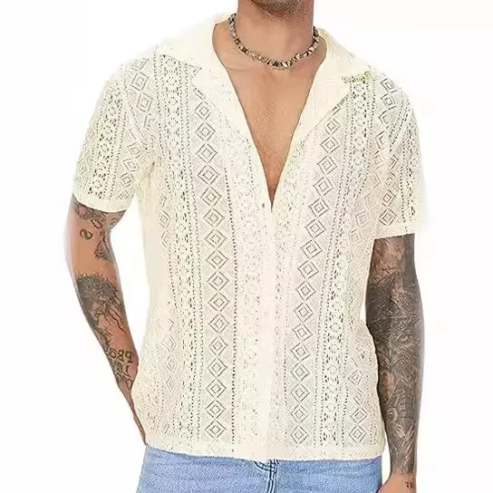 New Men's Fashion Lace Transparent Short Sleeve Single Breasted Lapel Shirt Mini Streets Sex Appeal Party Nightclub Men Shirt