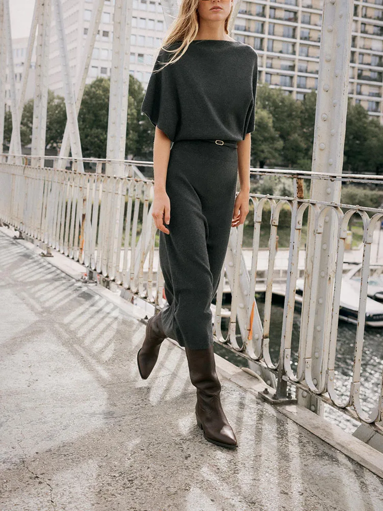 

Sweet Knitted Mid-Length One-oulder Dr with Belt 2025 Winter New Arrival Korean Sle round Ne ort Sve Evening Gown