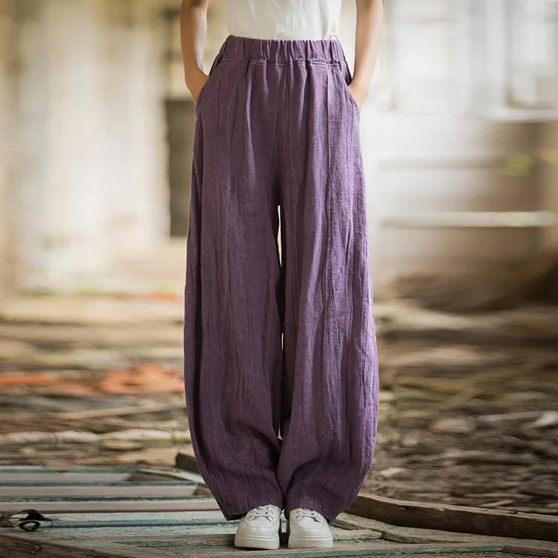 Tie-Dyed Ramie Blend Trousers - Distressed Bohemian Paper-Bag Waist Culottes for Women