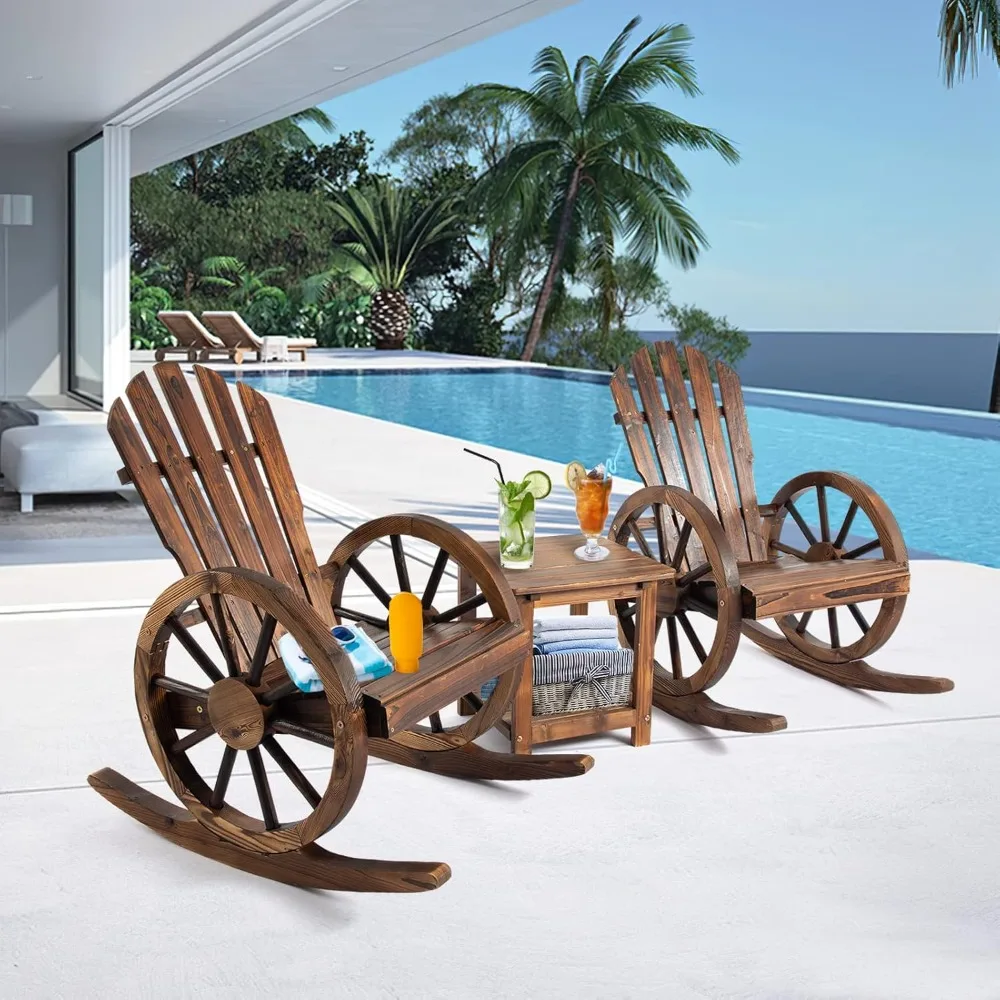 

3 PCs Patio Rocking Chair Set, Outdoor Wooden Rocker Bistro Set with Coffee Table Wagon Wheel Rustic Chairs for Garden Country