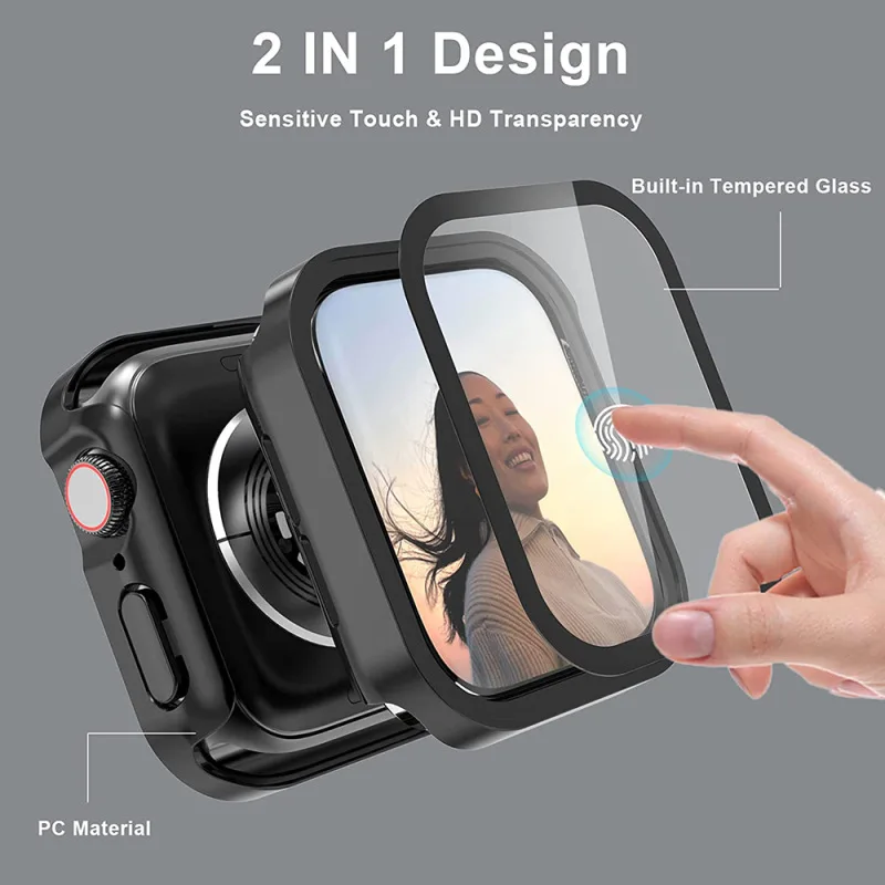 Glass+Waterproof Case for Apple Watch 7 8 9 45mm 41mm Screen Protector Hard PC Bumper for iWatch Series 6 5 4 SE 40mm 44mm Cover