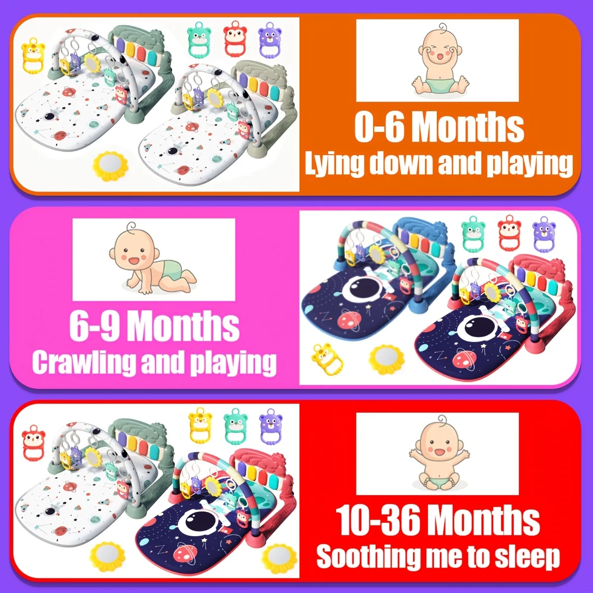 Astronaut-themed music baby gym play frame with lights and sounds for early development. Assembly required.