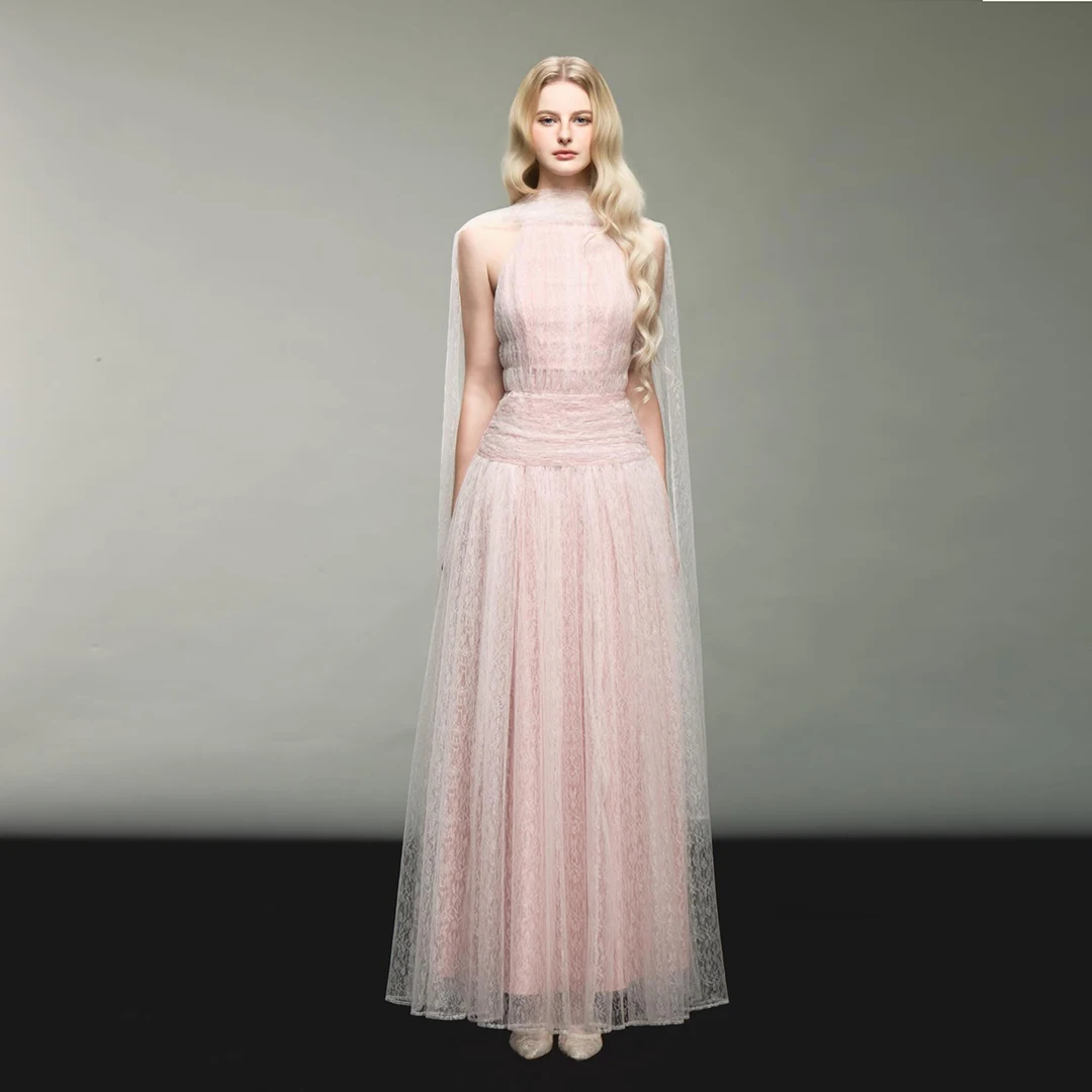 

Light Pink Soft Tulle Evening Dresses High Neck Sleeveless Long Neckline Elegant Prom Dress Backless Zipper Back Party Gowns
