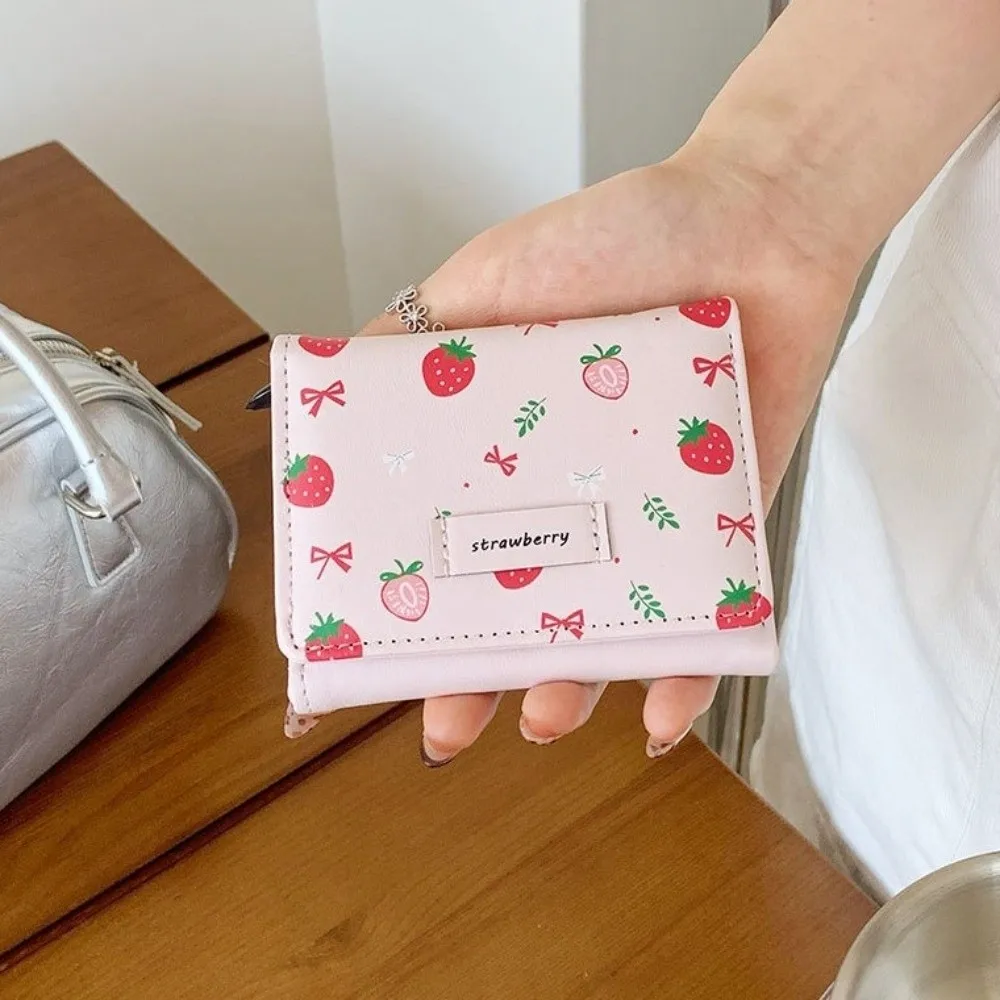 Portable Strawberry Tri-fold Wallet Printing Korean Style PU Leather Wallet Folding Bow Card Holder Girl