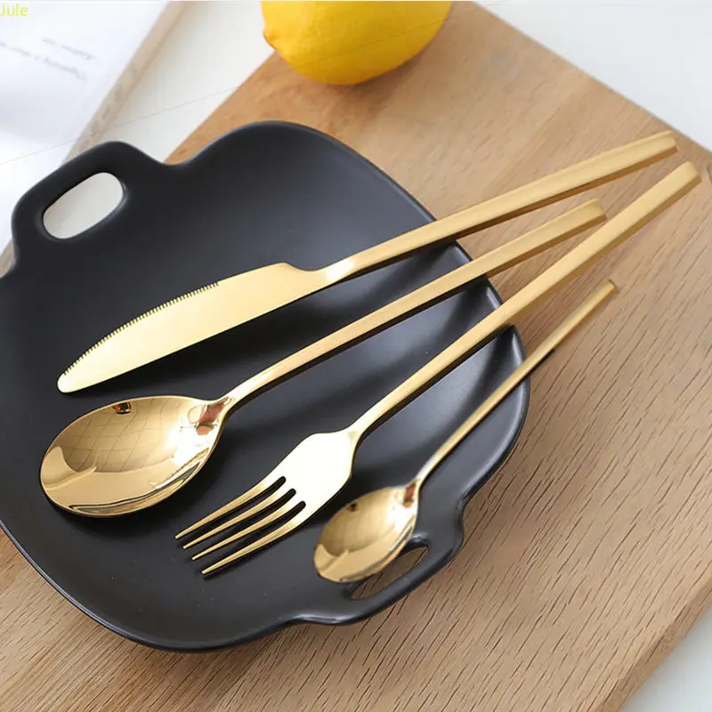 24pcs New Golden Top Quality Stainless Steel Steak Knife Fork Party Gold Cutlery Tableware Set Kinfe Forks Spoons Dinnerware set