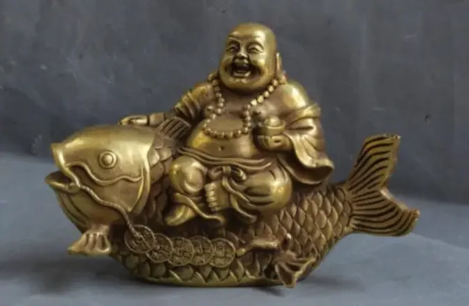 China Brass Yuan bao wealth Happy Laugh Maitreya Buddha Ride Fish Statue