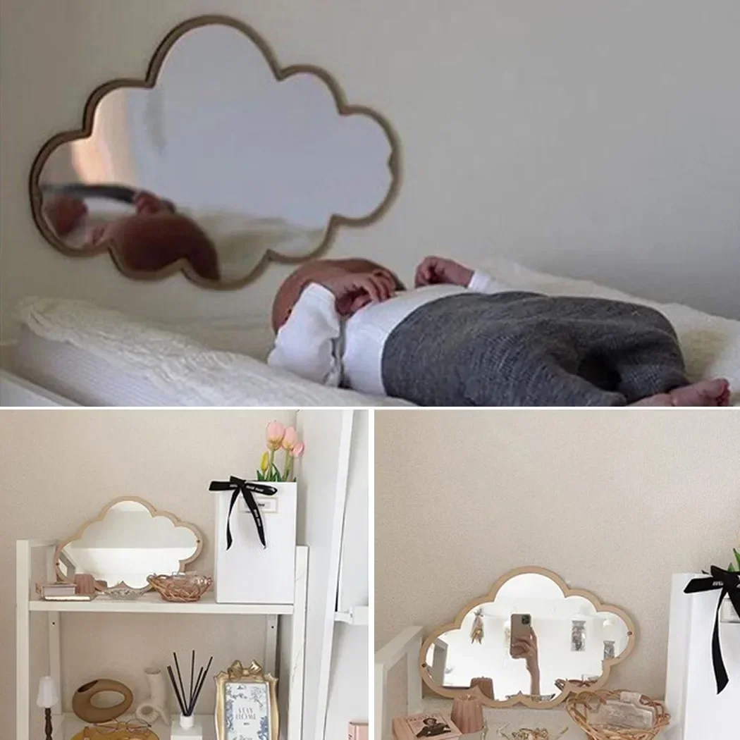 Wolkenförmiger Spiegel mit Holzrahmen, Acryl-Schminkspiegel, Unregelmäßige Wolkenform, Dekorativer Spiegel, Kosmetik-Schönheitsspiegel, Wanddekoration für Zimmer N – Detail 2
