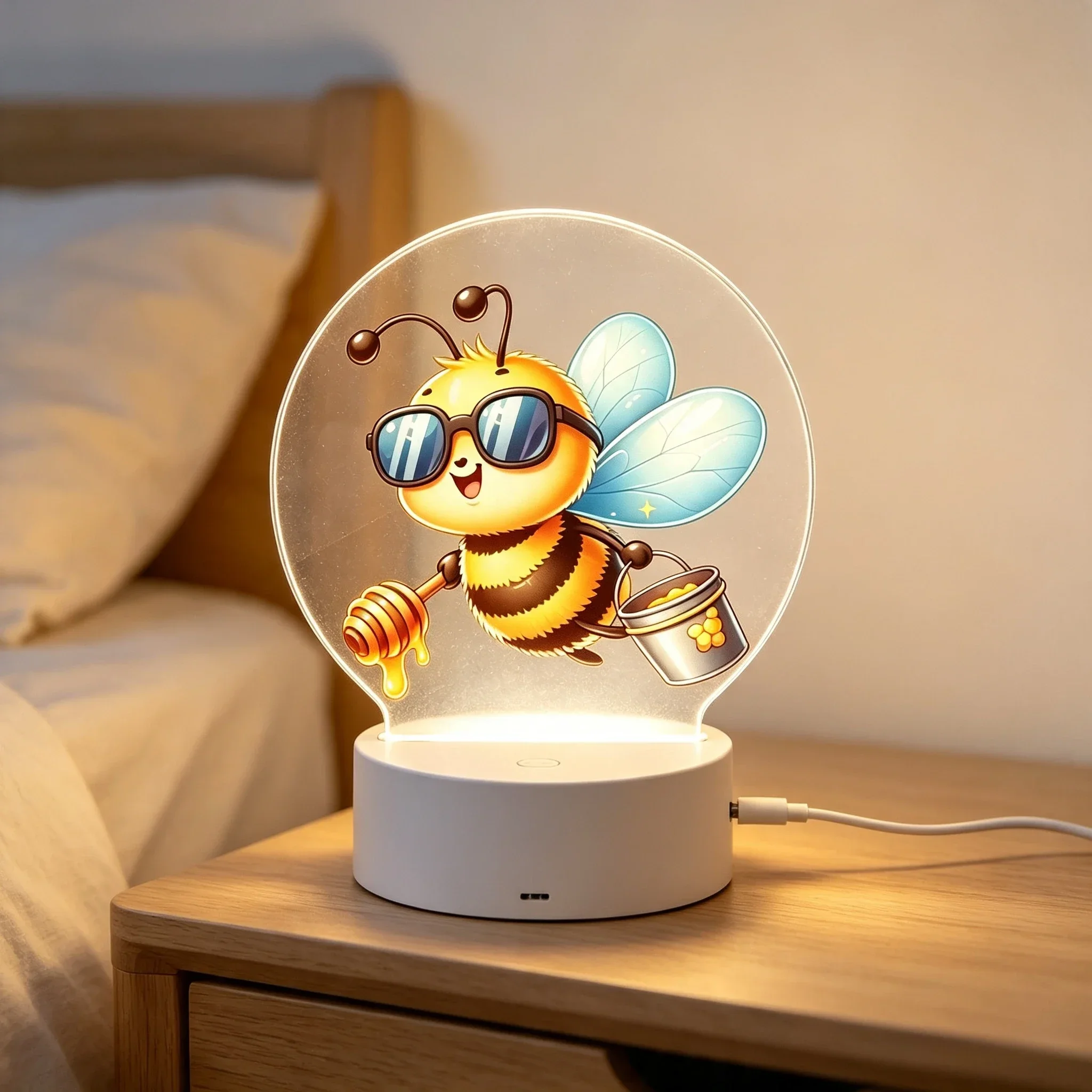 Bee Honey Dipper Pattern Acrylic Illusion Lamp Children Room Decorative Nightlight，Cool Sunglasses Bee Honey Bucket Acrylic