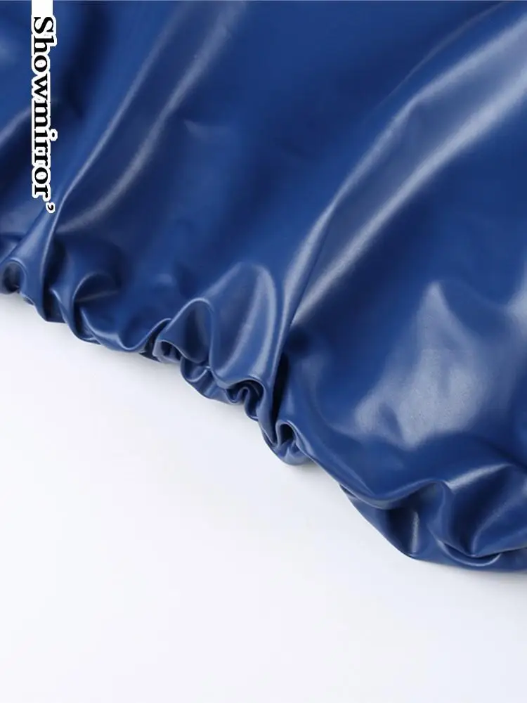 Showmirror Blue PU Leather Ruched Mini Dress For Women Sexy Bodycon Tank Dresses Party Club Harajuku Clothes Streetwear Y2k