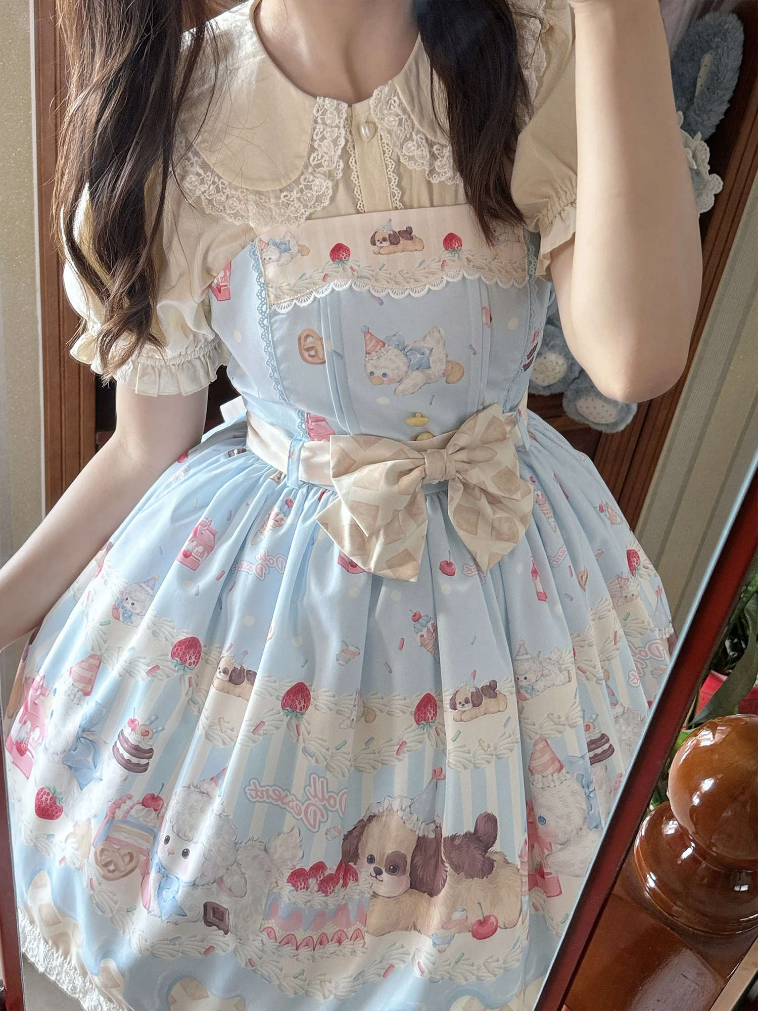 اليابانية الحلو لطيف الكرتون طباعة لوليتا JSK فساتين مطرزة الدانتيل عالية الخصر القوس حزام سليم قصير Kawaii فستان المرأة الصيف #4
