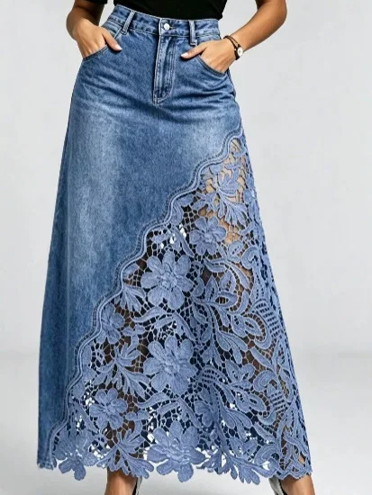 Damen High-Waist Denim Maxirock Asymmetrischer Blumenmuster-Hohlspitzen-Patchwork Langer Jeansrock mit Taschen Boho A-Linien-Rock