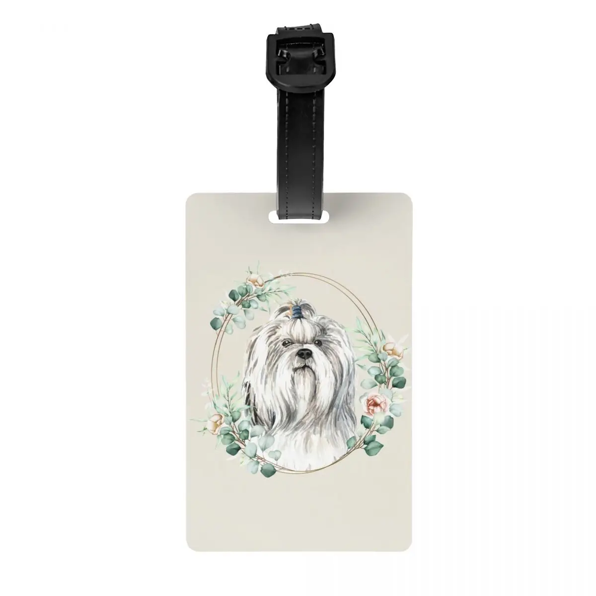 Custom Shih Tzu Dog In Floral Gold Wreath Luggage Tag With Name Card Pet Lover Privacy Cover ID Label for Travel Bag Suitcase