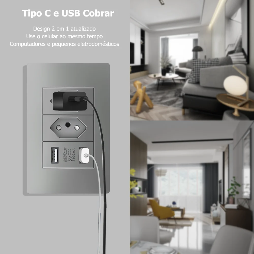 Eiomr High Quality Brazil Standard Socket with USB Charging Port,Grey 118*75mm,Light Switch 20A Wall Outlet for Bedroom Office