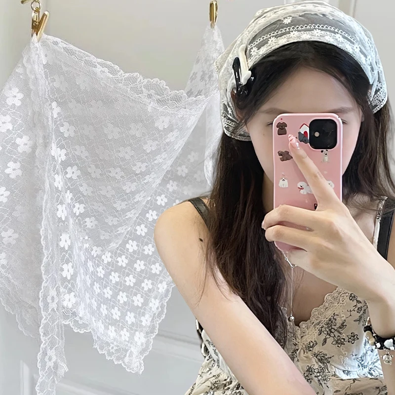 الرجعية الحلو زهرة مثلث الشعر وشاح الصيف النساء الفتيات مربع وشاح عقال الكورية الفرنسية الرعوية غطاء الرأس الدانتيل أغطية الرأس