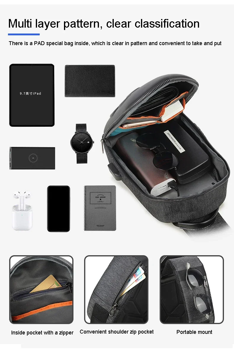 Bolsa de peito para homens, carregamento USB, Streetwear Pack, crossbody, mochila de ciclismo para estudante universitário, unissex, moda