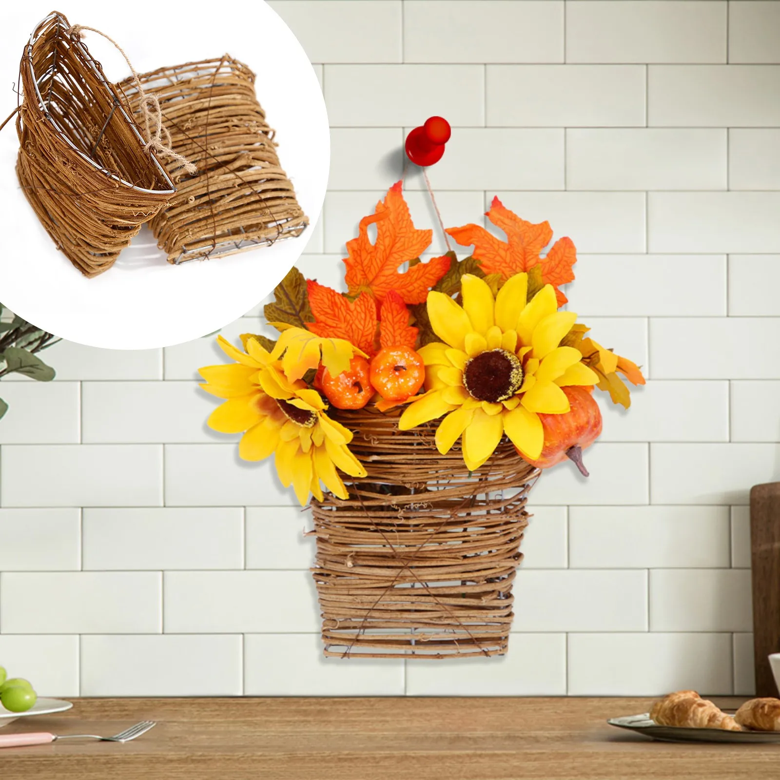 Handmade Rattan Flower Basket Home Decor Essentials Wall Mounted 3D Hanging Ornament Indoor Decor Goods Rustic Floral Accessory