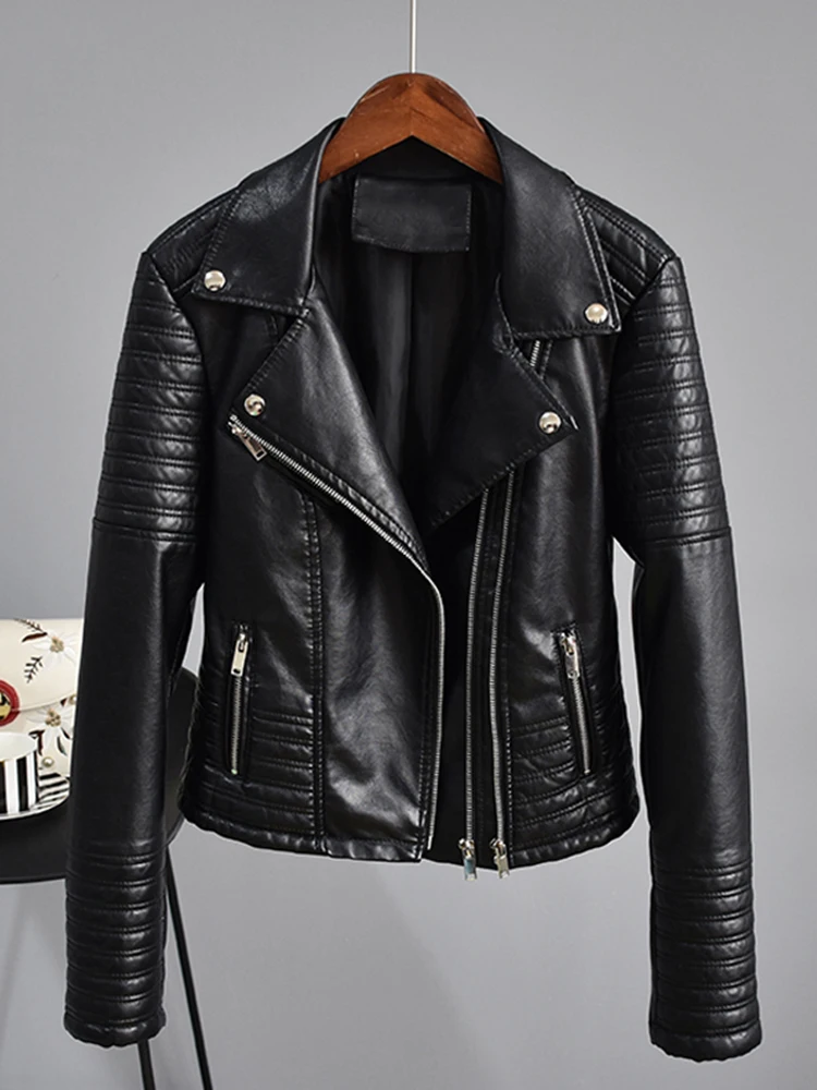 

Faux Leather Jacket Women Turndown Collar Pu Motorcycle Black Punk Coat Female Rivet Zipper Outerwear