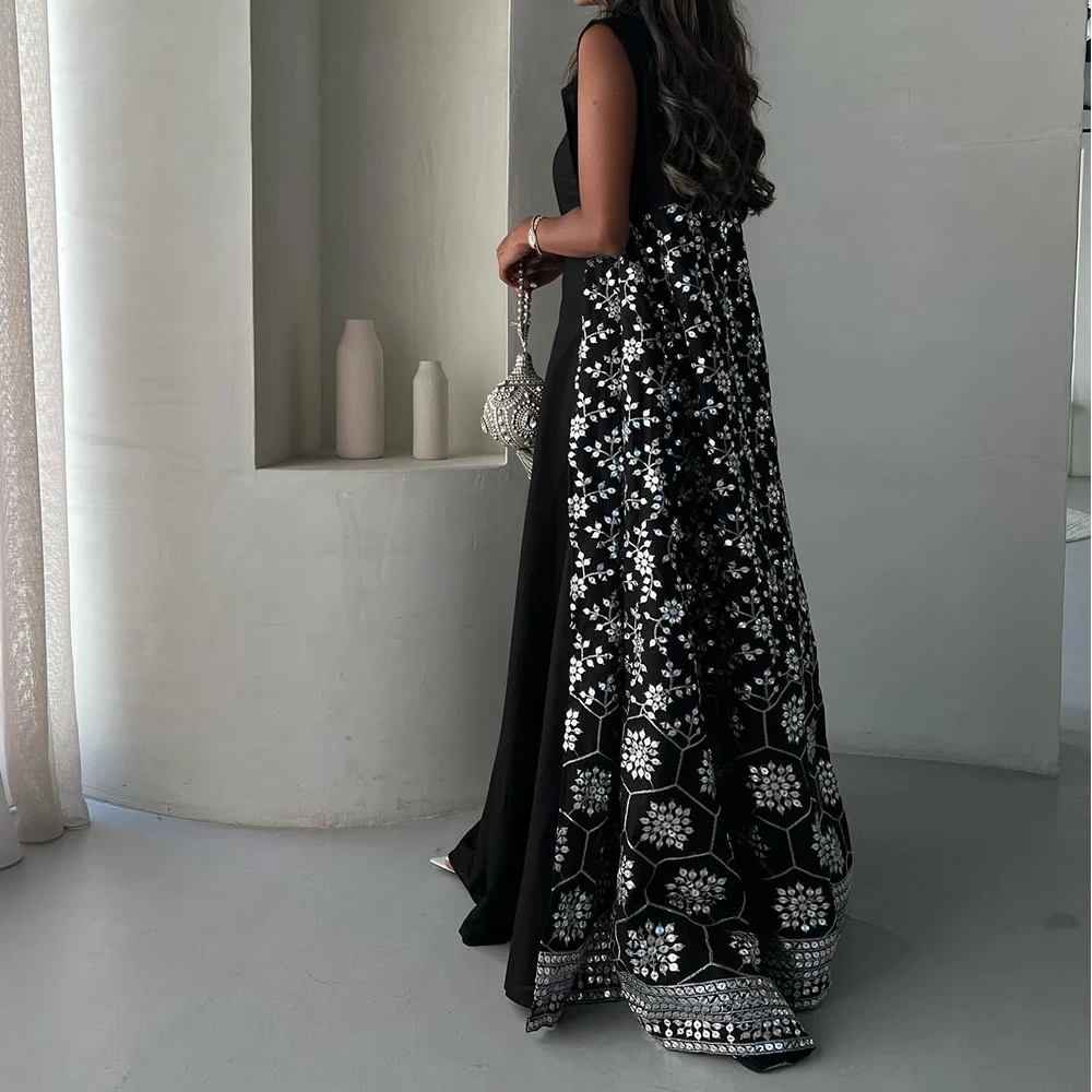 Customized  Fomal Sequined Off The Shoulder Satin Evening Dresses Modern A-Line Floor Length Square Neck Short Sleeves