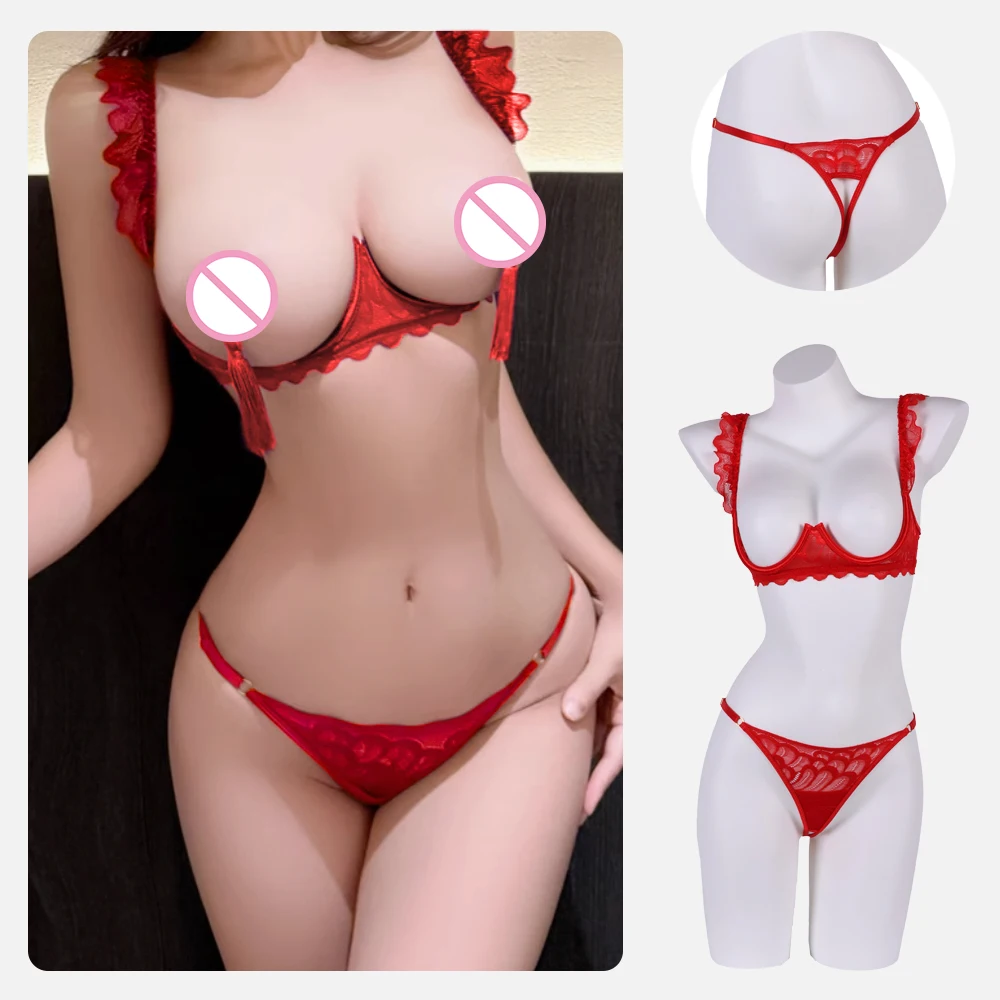 

Erotic Lingerie, No Need To Take Off, Open-crotch, Pure Sensual Women's Bra, See-through Lace, Red Sexy Two-piece Set