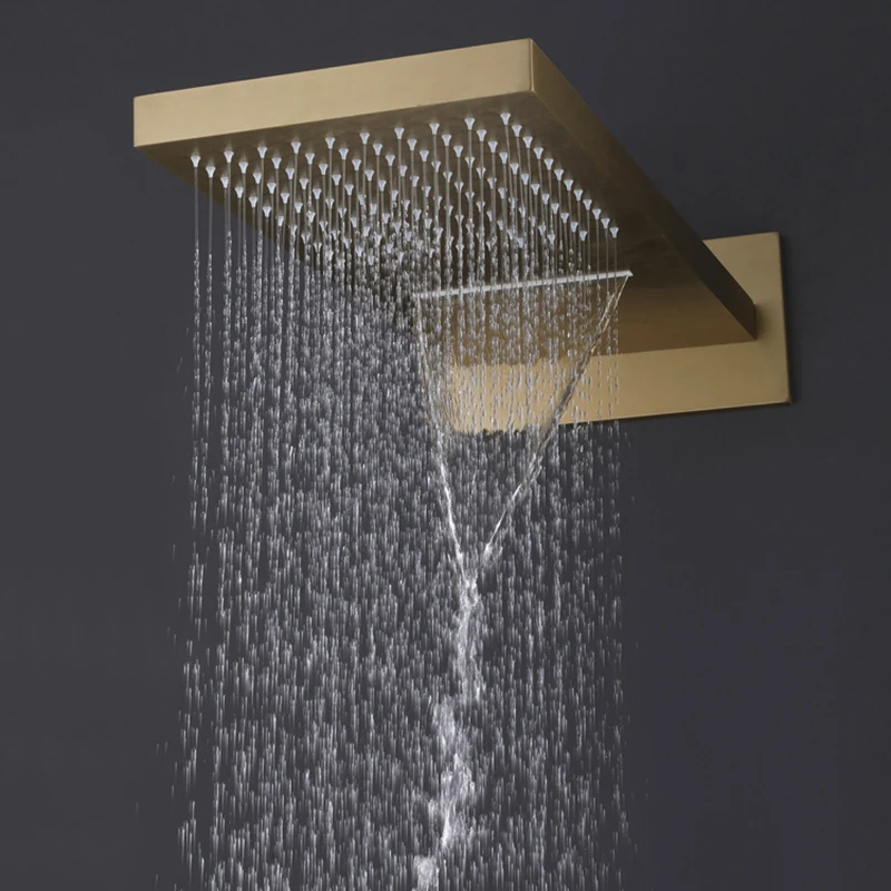 ZAPPO Thermostatic Rain Shower System Brushed Gold Wall Mount Shower Faucet Combo Set with Handheld Sprayer and Body Jets Brass