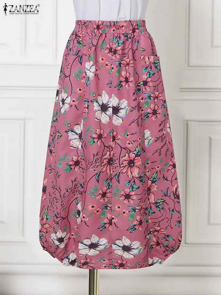 ZANZEA Vintage Printed Skirts Women Casual Elastic Waist Faldas Saia Retro Jupes Bohemain Holiday Midi Skirt Floral Vestidos