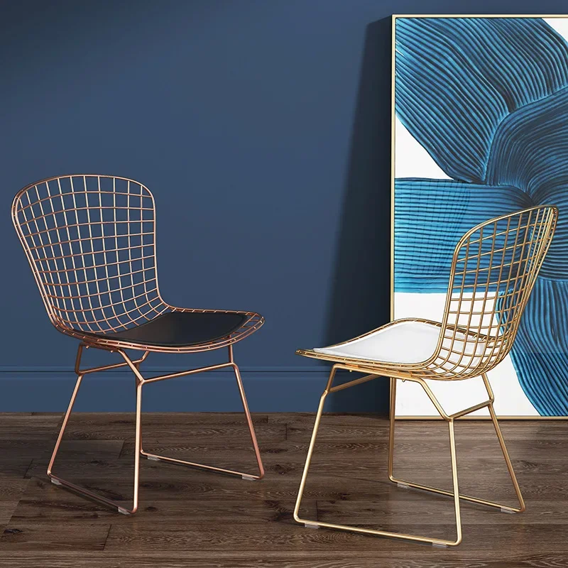 Home Vanity Stool Dinning Chair Chairs Dining Room Cadeira Nordic Grid Chair Mesh Back Gold Iron Art Dining Chair Creative